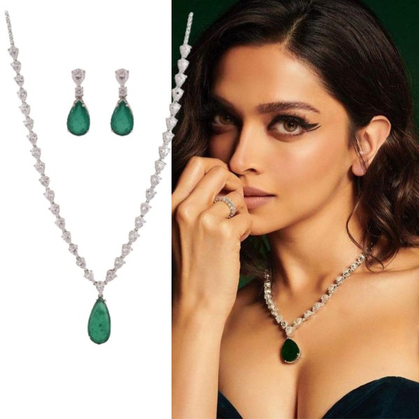 Deepika Padukone Jewelry India Emerald Necklace American Diamond Necklace Emerald Green Necklace Emerald Doublet Jewelry Sabyasachi Necklace
