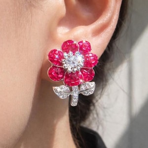 Invisible Setting Earrings Ruby Diamond Statement Studs Flower Shape Pink Sapphire Jewelry BRIDESMAID Gift