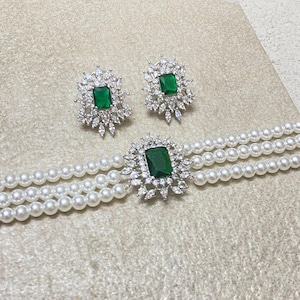 Emerald Choker Pearl And Diamond Necklace Green Cubic Zirconia Emerald Pearl Necklace CZ Green  American Diamond LUXURY Jewelry Wedding Gift