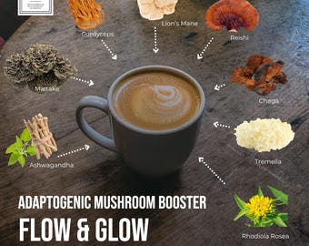 Adaptogenic Mushroom Booster, Flow & Glow Blend, 6 Mushrooms, Ashwagandha, Rhodiola