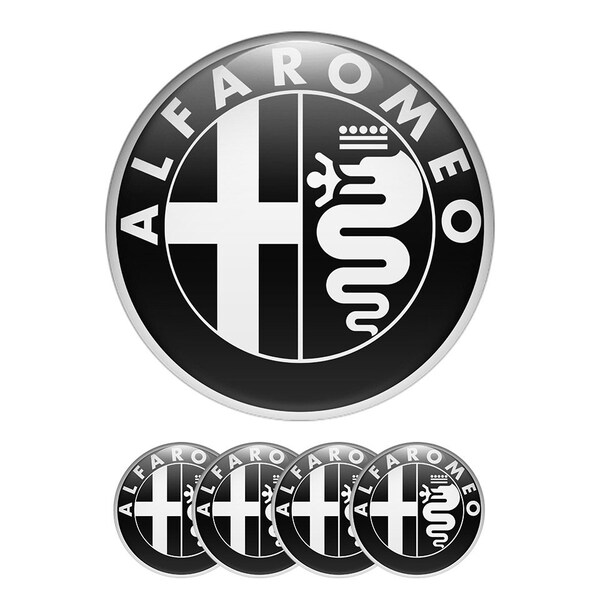 Alfa Romeo Emblem Set of 4 x All sizes Domed Silicone Stickers 3D Print Logo for Wheel Center Cap, Laptop, Car interior, Door, Mirror