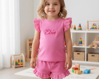 Personalised Kids Set | Custom Name Outfit | Girls Matching Top & Shorts Set | Toddler Summer Outfit