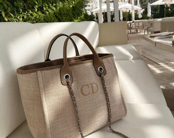 Personalised Tote Bag Beach Holiday Gift Woman Handbag Custom Initial Monogram Leather Purse Bridesmaid Wedding Idea Travel Accessory