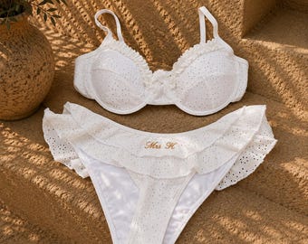 Personalized Bridal Frill Bikini – Embroidered Honeymoon Swimwear