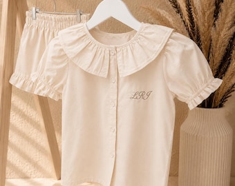 Personalized Girls Cotton Short Set, Embroidered Initial Outfit