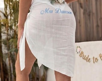 Personalised Bridal Sarong Wrap | Custom Bride to Be Beach Cover Up | Honeymoon Pool Skirt | Bachelorette Outfit Gift | Mrs Name Sarong