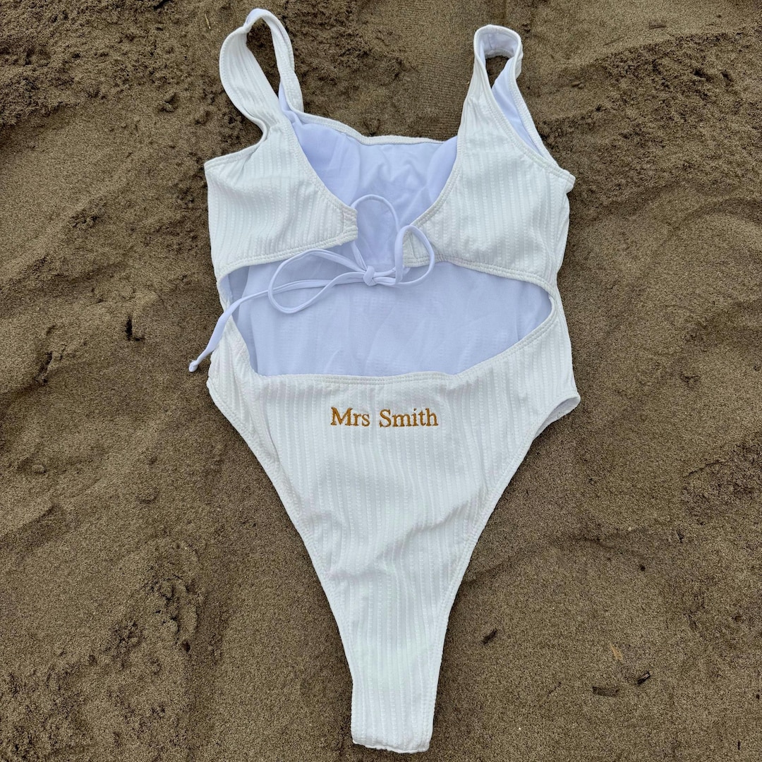 Personalized Bridal Swimsuit - Embroidered Honeymoon Swimwear - Large, Black