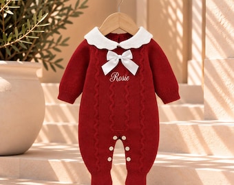 Personalised Knitted Baby Romper, Embroidered Name Baby Grow, Burgundy Cable Knit Sleepsuit, White Peter Pan Collar, Baby Girl Gift