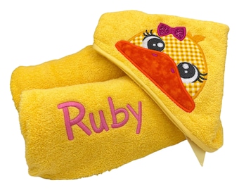 Kids' Hooded Towel with DUCK + Name, Personalised, Embroidered