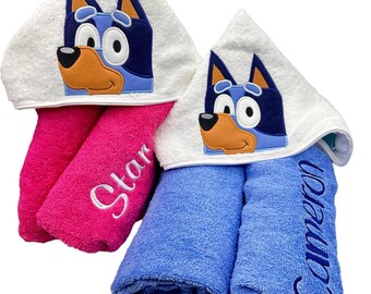 Kids' Hooded Towel with Aussie Blue Heeler Dog, Personalised, Embroidered, Kids