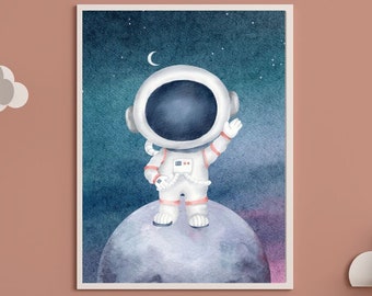 宇宙の宇宙飛行士、保育園の水彩画イラスト、宇宙アート、宇宙の壁アート、宇宙の部屋の装飾、宇宙飛行士、宇宙をテーマにした子供向けアート