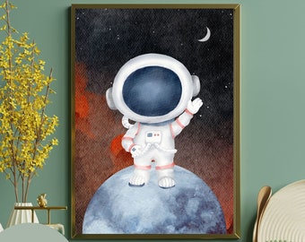 宇宙飛行士のいる宇宙保育園の壁アート、惑星上の水彩画の宇宙飛行士、宇宙をテーマにしたポスター、宇宙飛行士の部屋の装飾、宇宙のイラストプリント