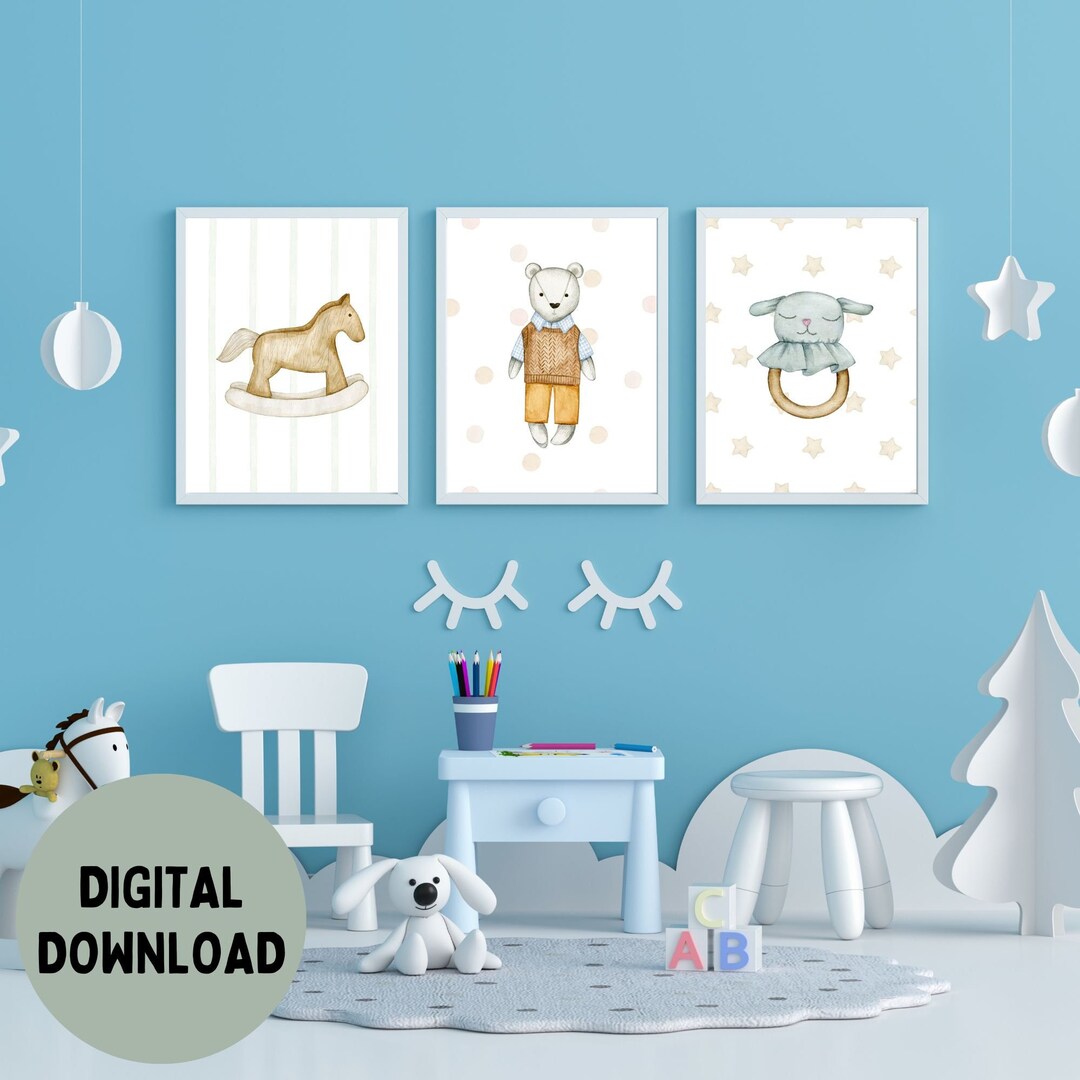 Baby Boy Vintage Toy Prints, Set of 3, Nursery Pastel Wall Art, Bear ...
