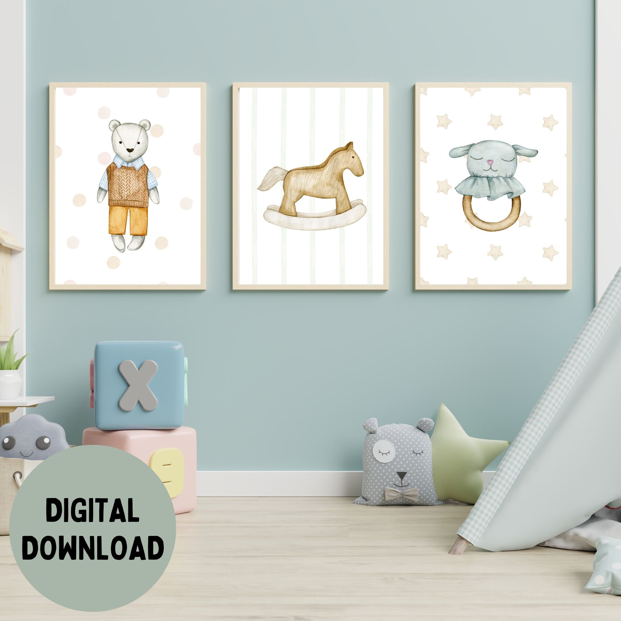 Baby Boy Vintage Toy Prints, Set of 3, Nursery Pastel Wall Art, Bear ...