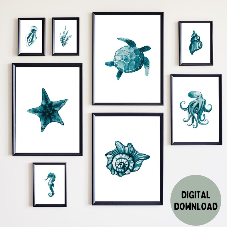 Shell Octupus Frame Under the Sea Posters, Underwater Creatures, Set of 9, Nautical Nursery ...