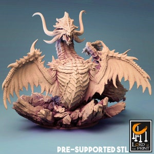 May include: A pre-supported STL file for 3D printing of a white dragon with horns and wings. The dragon is posed on a rocky base. The image includes the text "PRE-SUPPORTED STL" and a logo for Lord of the Print.