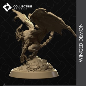 May include: A detailed, sculpted figurine of a winged demon with a muscular body, sharp claws, and a long, pointed tail. The demon is perched on a rocky base, its wings spread wide.