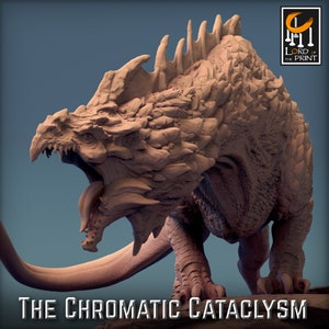 May include: A detailed, 3D printed model of a monstrous, reptilian creature with a spiky back, sharp teeth, and a long, forked tongue. The creature is posed in a menacing stance, with its head tilted forward and its mouth open in a roar. The model is painted in a muted brown colour, giving it a realistic appearance. The text "THE CHROMATIC CATACLYSM" is printed below the model.