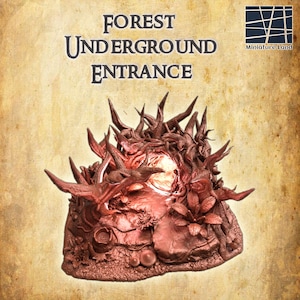 Könnte beinhalten: Eine Miniatur-Waldszene mit einem versteckten unterirdischen Eingang. Der Eingang ist von verdrehten Ästen und Ranken umgeben, aus denen ein leuchtendes Licht strahlt. Die Szene ist in Braun- und Rottönen bemalt und hat eine strukturierte Oberfläche.