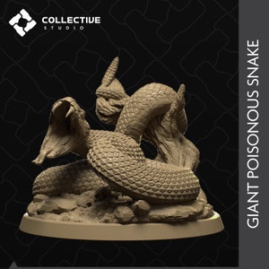 May include: A detailed, hand-painted miniature of a giant poisonous snake, sculpted in a coiled position with its mouth open, revealing sharp fangs. The snake is depicted in a realistic style, with intricate scales and a textured surface. The miniature is set on a circular base, suggesting it is a tabletop game piece.
