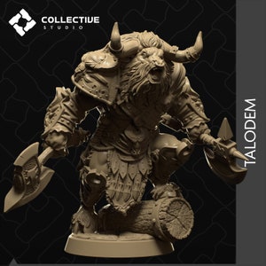 May include: A detailed figurine of a minotaur warrior, posed with axes and a fierce expression. The figure is in a dynamic stance, with intricate armor and fur details. The base features a log, and the text "TALODEM" is visible.