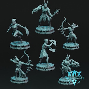 May include: Six miniature figures of fantasy creatures, each holding a weapon or tool. The figures are painted in a light gray color and are standing on circular bases. The figures are arranged in a circle on a dark gray background. The text "WITCHSONG" is visible in the lower right corner of the image.