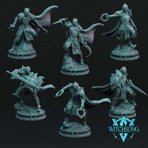 May include: Six miniature figures of warriors in various poses, each holding a weapon and wearing armor. The figures are painted in shades of gray and are standing on circular bases. The bases are textured and have a dark gray color. The figures are arranged in a circle around the word "Witchsong" in a stylized font.
