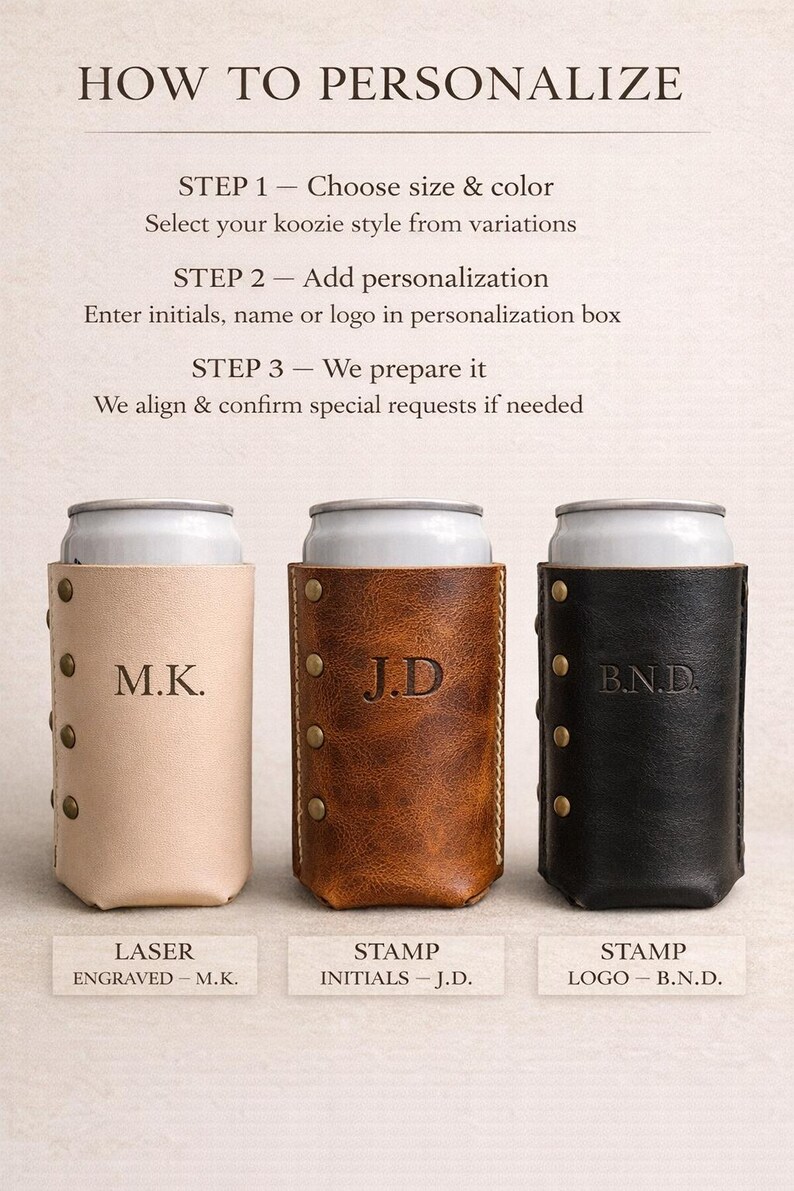 May include: Image showing three personalized can coolers. The first is beige with "M.K." laser engraved. The second is brown with "J.D." stamped. The third is black with "B.N.D." stamped. Text explains how to personalize.