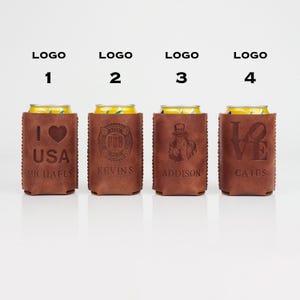 May include: Four brown leather can coolers with different designs. One has "I USA" with a heart and "MICHAELS". Another says "THE PUB" and "KEVINS". The third has a gentleman and "ADDISON". The last says "LOVE" and "CATES".