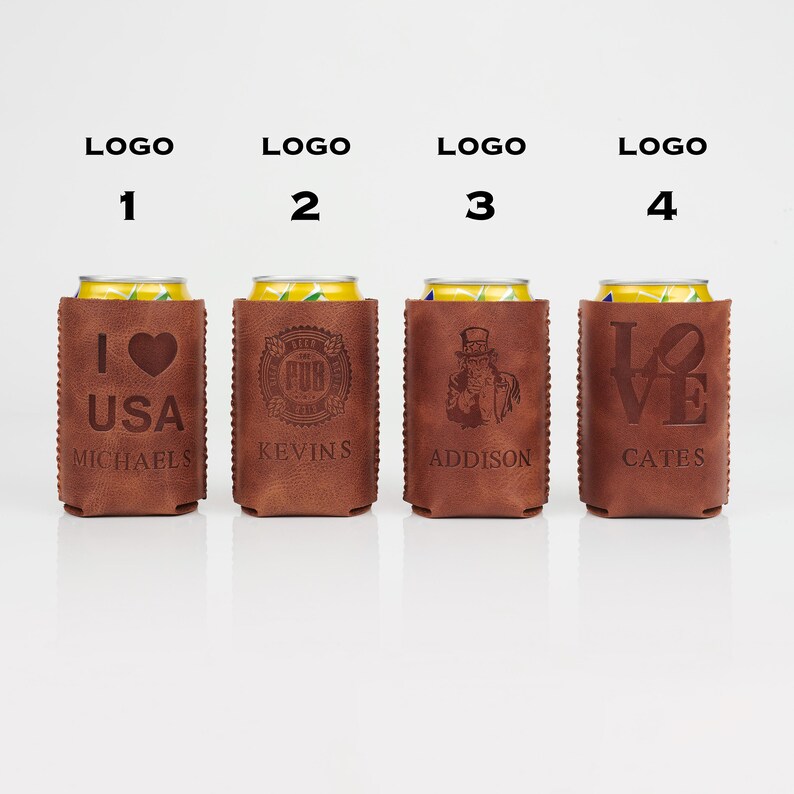 May include: Four brown leather can coolers with different designs. One has "I USA" with a heart and "MICHAELS". Another says "THE PUB" and "KEVINS". The third has a gentleman and "ADDISON". The last says "LOVE" and "CATES".