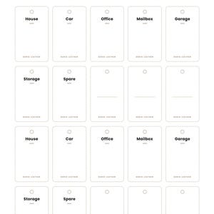 May include: A printable key tag set sheet featuring twenty rectangular tags with dashed outlines, punch holes, and labels including House, Car, Office, Mailbox, Garage, Storage, and Spare, with the text Derio Leather printed at the bottom.