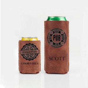 Personalized Leather Can Coolers, Custom beverage insulater Groomsmen Gift, Engraved Beer Can Holder, Bachelor Party Gift, Bottle Holder