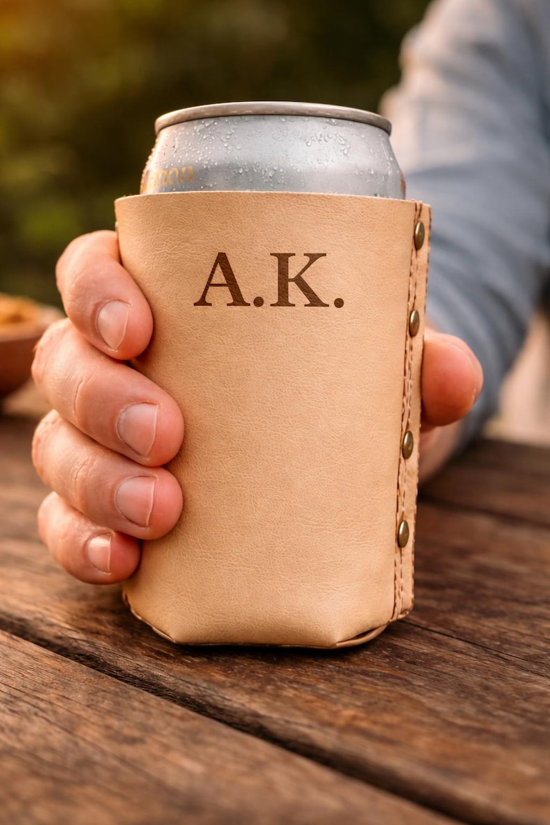 May include: A tan leather can cooler with the initials "A.K." engraved on the front. The cooler is held in a hand and has brass rivets along the side. A silver can is inside the cooler.