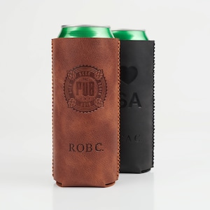 Personalized Leather Can Coolers 16 fl oz, Custom beverage insulater Groomsmen Gift, Engraved Beer Can Holder, Bachelor Party Gift