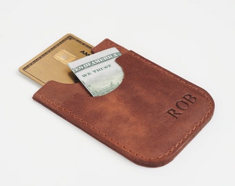 Handcrafted Minimalist Leather Card Holder: Personalized Credit Card Wallet, Slim & Customizable Gift for Dad, Perfect for Father's Day