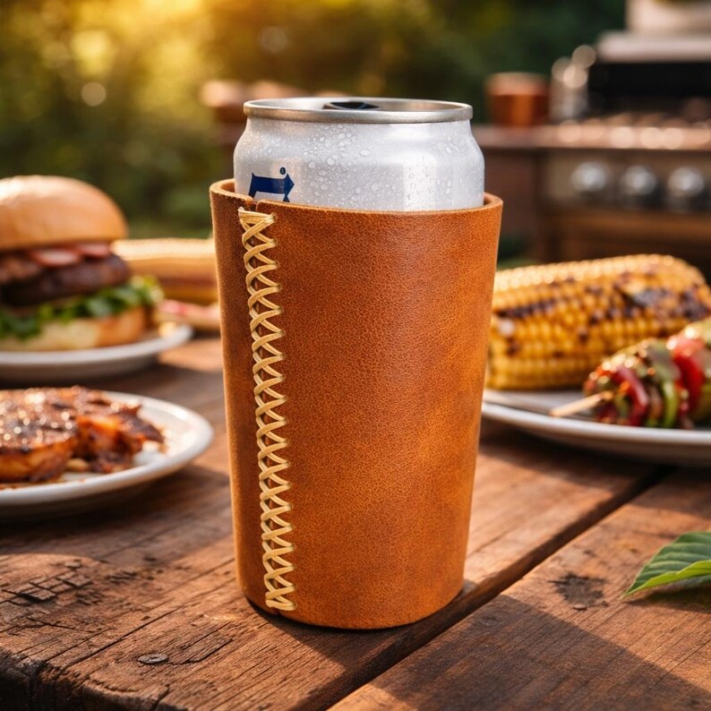 May include: A brown leather can cooler with yellow stitching holds a silver can. The cooler sits on a wooden table with a burger, grilled corn, and skewers in the background. The scene suggests a backyard barbecue.