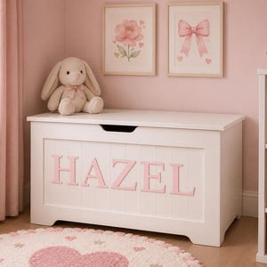 May include: A white wooden toy chest featuring the name HAZEL in large, light pink capital letters on the front panel. The rectangular storage box has a hinged lid with a cutout handle and a smooth finish, positioned in a room with pink walls.