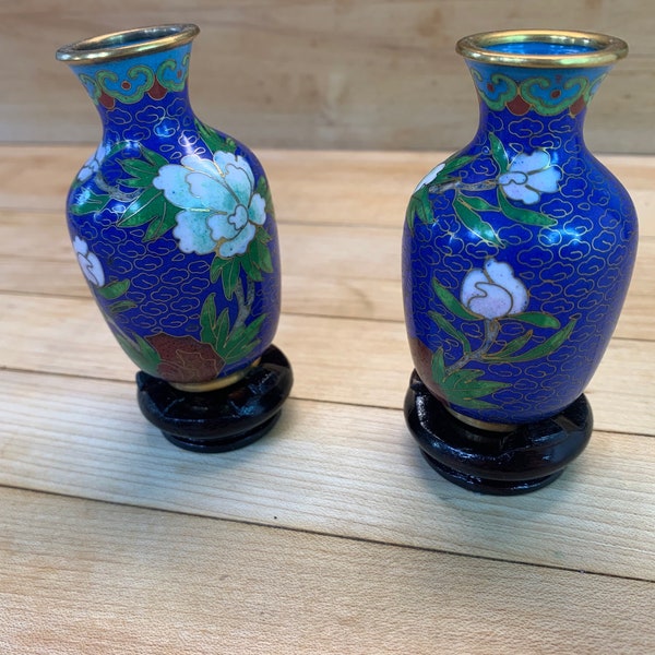 Pair of Handmade Miniature cloisonné mirror image Vases with wooden Stand