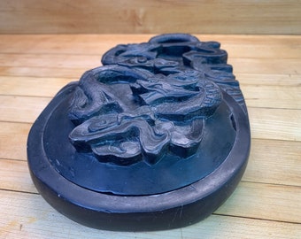 Rare Antique Intricately carved Soapstone Chinese Inkstone Inkwell