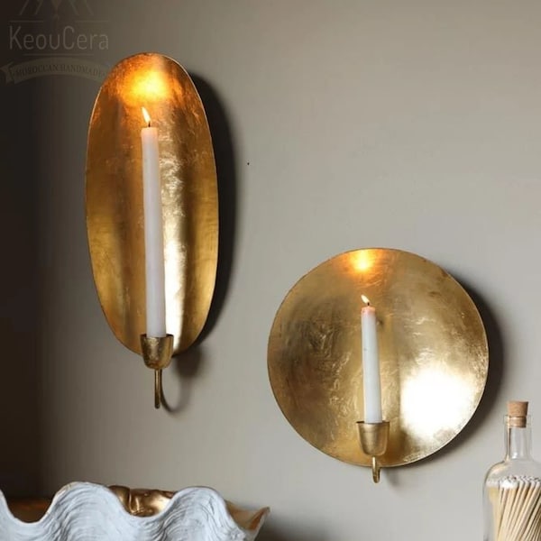 Set of 2 : Moroccan Round / Oval brass Gold Leaf Candlestick Holder Wall Sconce, Wall Hung Candlestick, Wall Mounted Leaf Candle Decoration