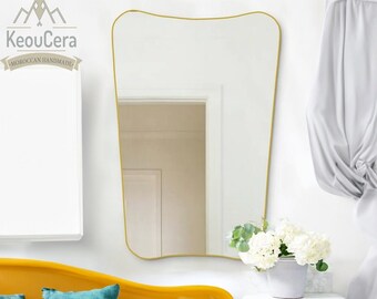 Italian Curved Unlacquered Brass Mirror - Butterfly Irregular Mirror, Gold Mirror, Bronze Bathroom Mirror, Hanging Mirror for Living room
