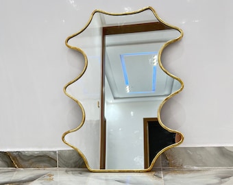 Italian Curved Antiqued Brass Mirror, Antique Brass Mirror, Italian Wavy Brass Mirror, Asymmetrical Mirror Home Decor, Aesthetic Luxurious