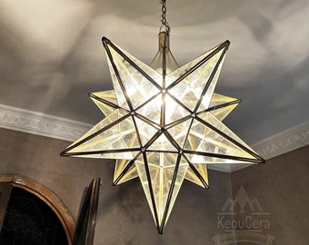 Clear Glass light, Brass handmade Moroccan pendant light, Moroccan lighting style Elegance suspension light, Star Pendant Light Shade