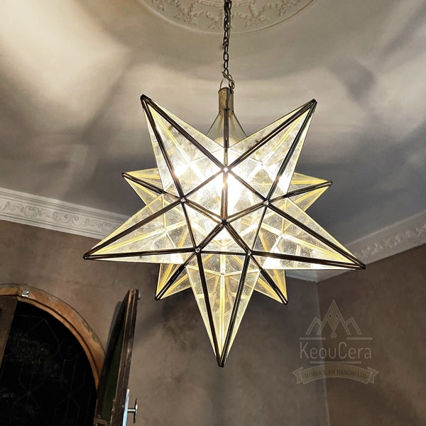 Clear Glass light, Brass handmade Moroccan pendant light, Moroccan lighting style Elegance suspension light, Star Pendant Light Shade