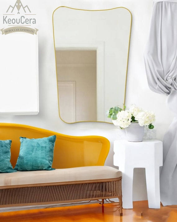 Italian Curved Unlacquered Brass Mirror - Butterfly Irregular Mirror, Gold Mirror, Bronze Bathroom Mirror, Hanging Mirror for Living room