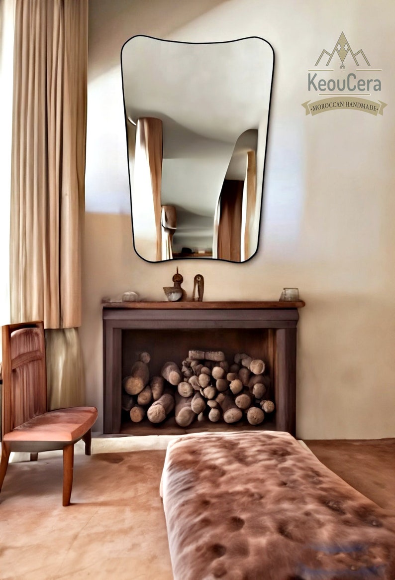 Italian Curved Unlacquered Brass Mirror - Butterfly Irregular Mirror, Gold Mirror, Bronze Bathroom Mirror, Hanging Mirror for Living room image 5