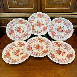 May include: Six white ceramic plates with scalloped edges. Each plate features a floral design with red, orange, and purple flowers, along with green leaves and blue accents. The plates are arranged on a wooden surface.
