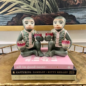 Pair of Green and Pink Chinoiserie Monkey Candleholders