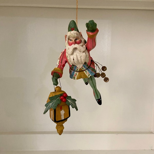 Denise Calla House of Hatten 1988 Santa Elf with Hanging Lantern and Bells Ornament