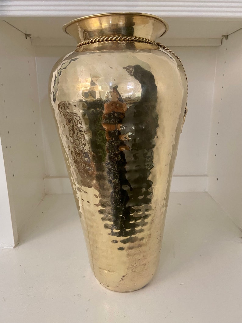 Vintage Hammered Brass 15 Vase with Rope & Tassel Accent image 5